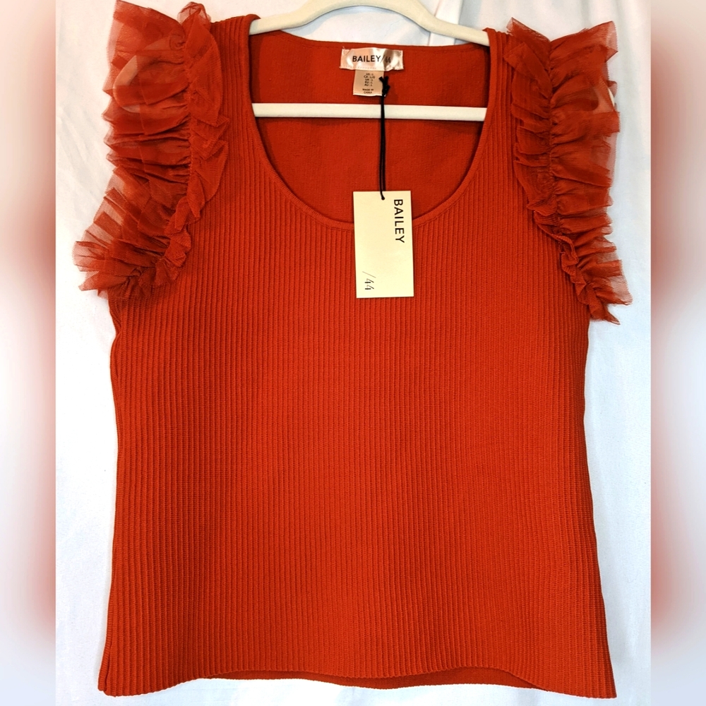 Bailey/44 Rust Ruffle Sleeved Ribbed Top, Large - Picture 2 of 9